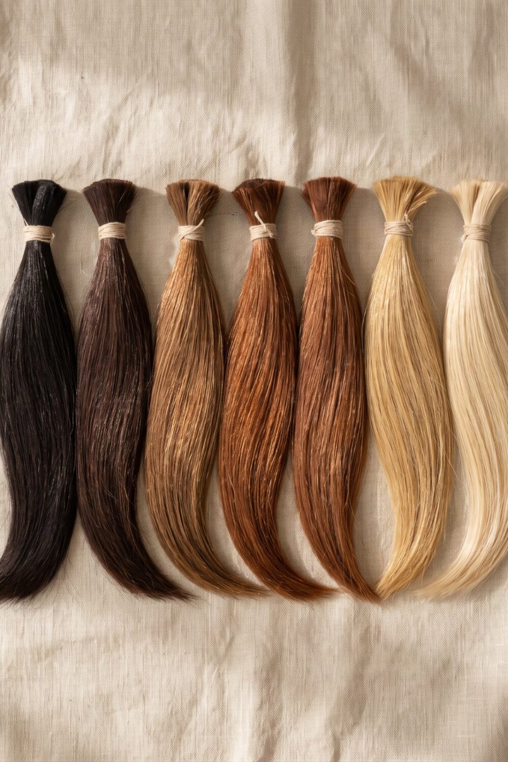 Seven strands of cuticle-aligned human hair in the gemstone shades, laid on linen