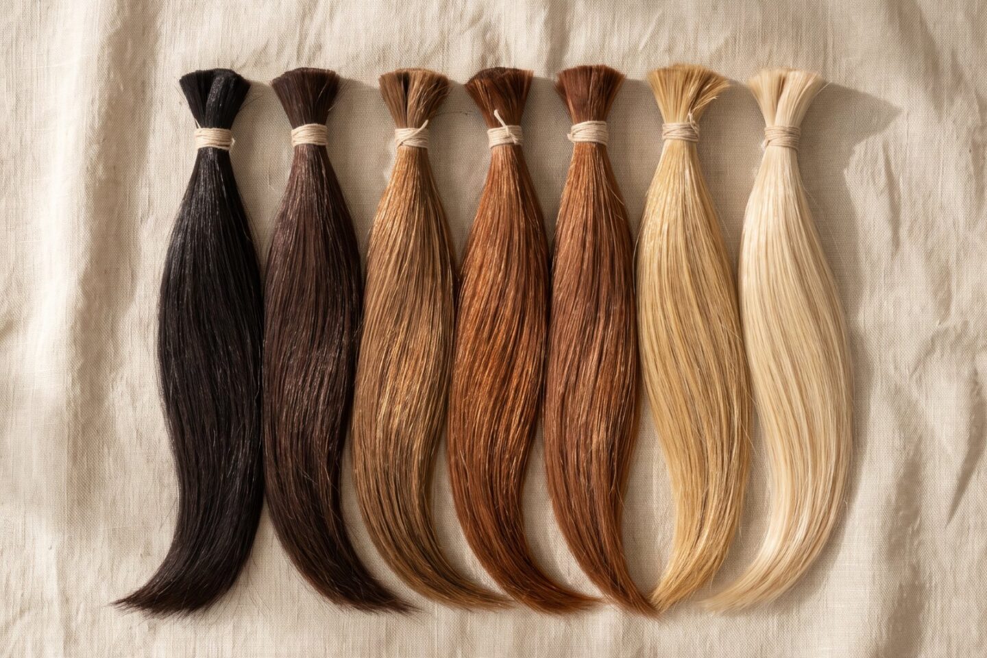Seven strands of cuticle-aligned human hair in the gemstone shades, laid on linen