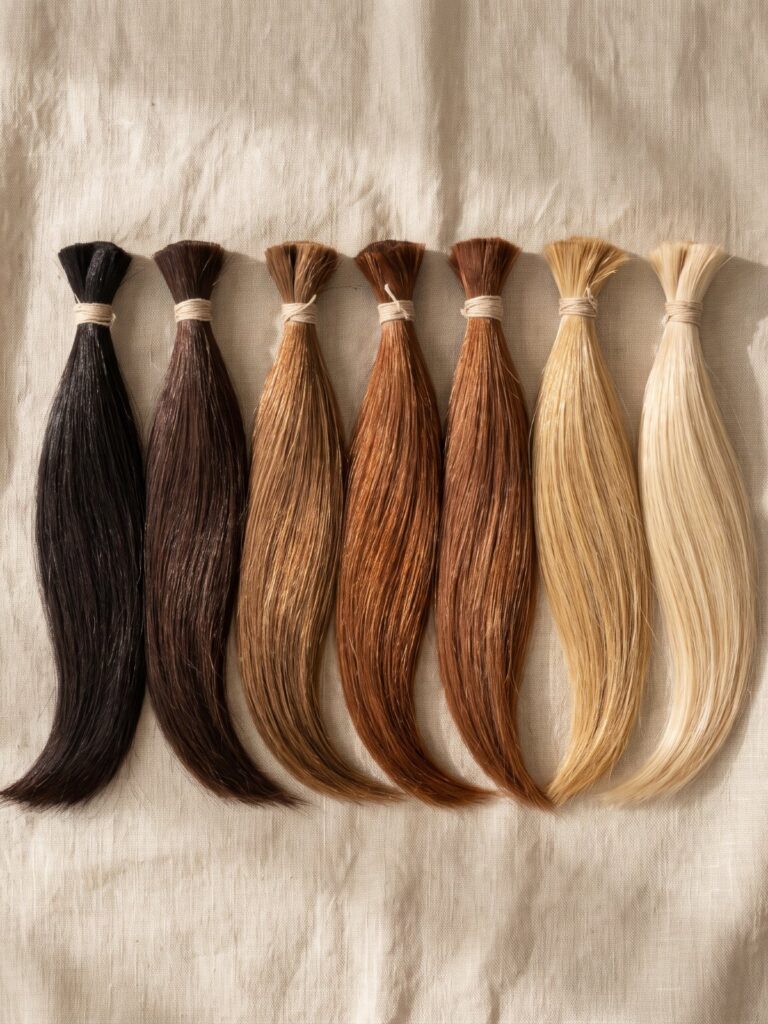 Seven strands of cuticle-aligned human hair in the gemstone shades, laid on linen
