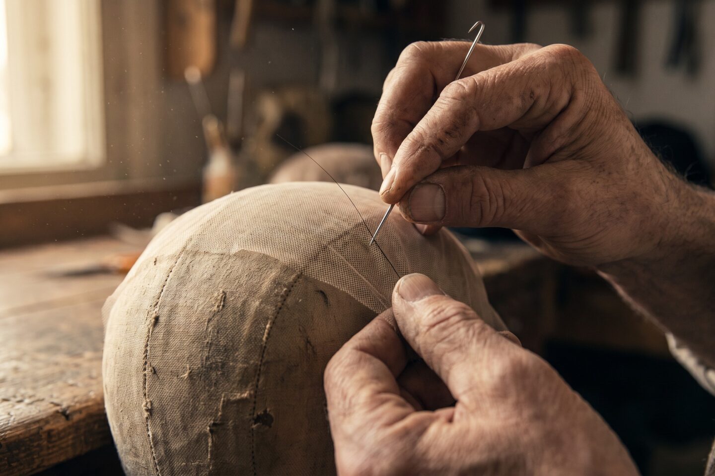 An artisan knotting a single strand of hair into sheer Swiss lace with a ventilating needle