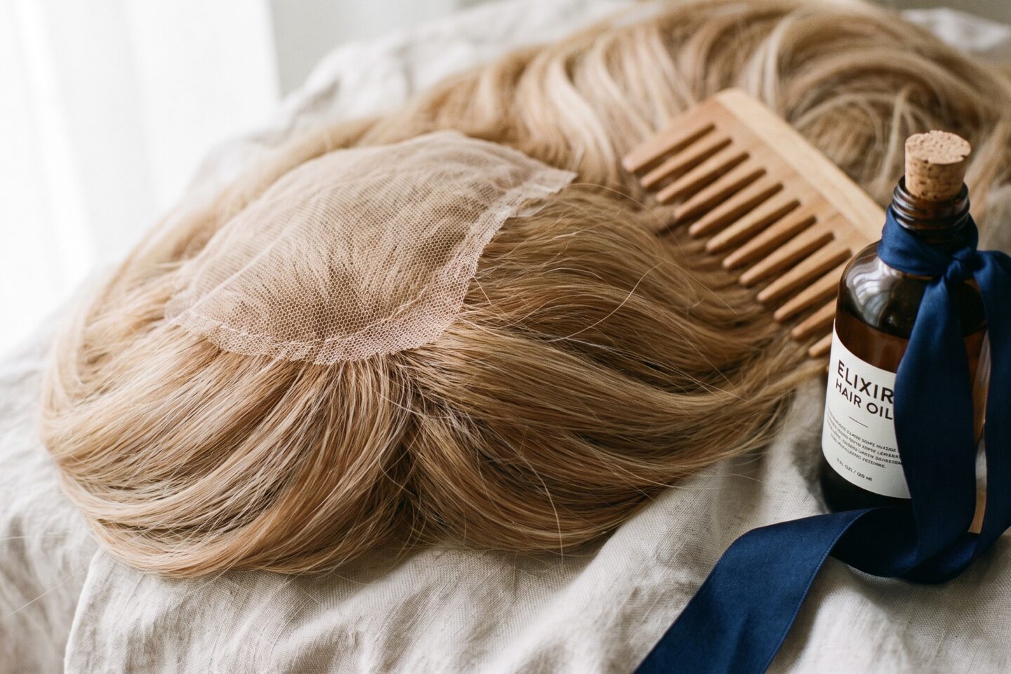 A hand-tied lace-top wig resting on washed linen beside a wide-tooth comb and a bottle of hair oil